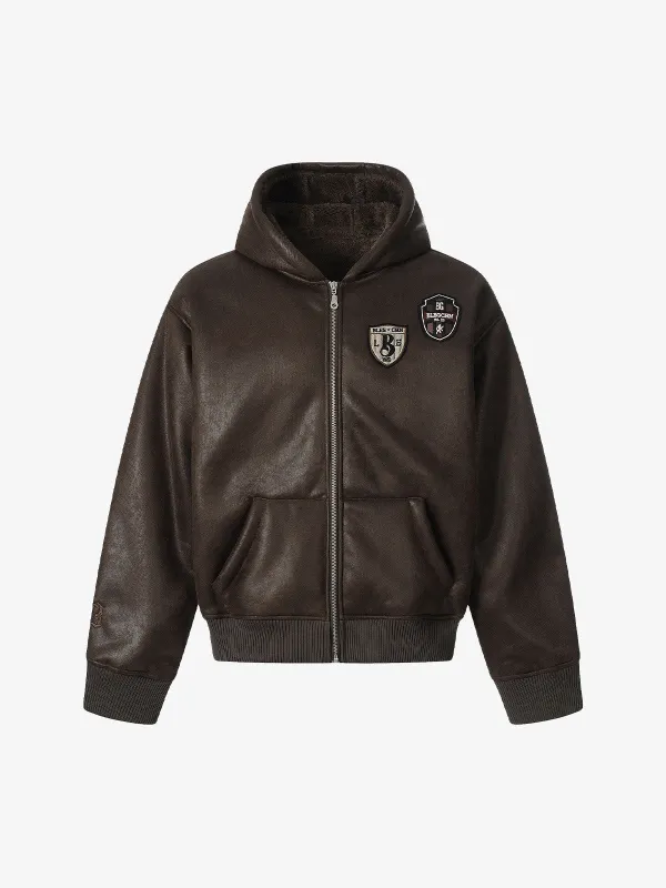 Vintage Leather Badge Fleece-lined Hooded Zip Bomber Jacket sold by Thesupermade