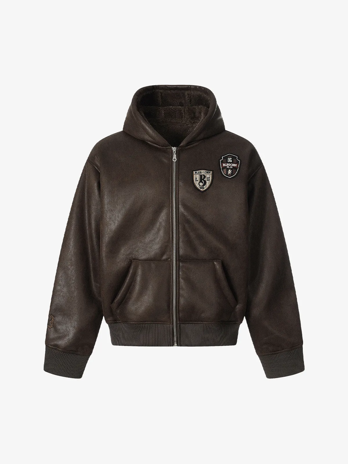 Vintage Leather Badge Fleece-lined Hooded Zip Bomber Jacket - 2547 sold by Thesupermade
