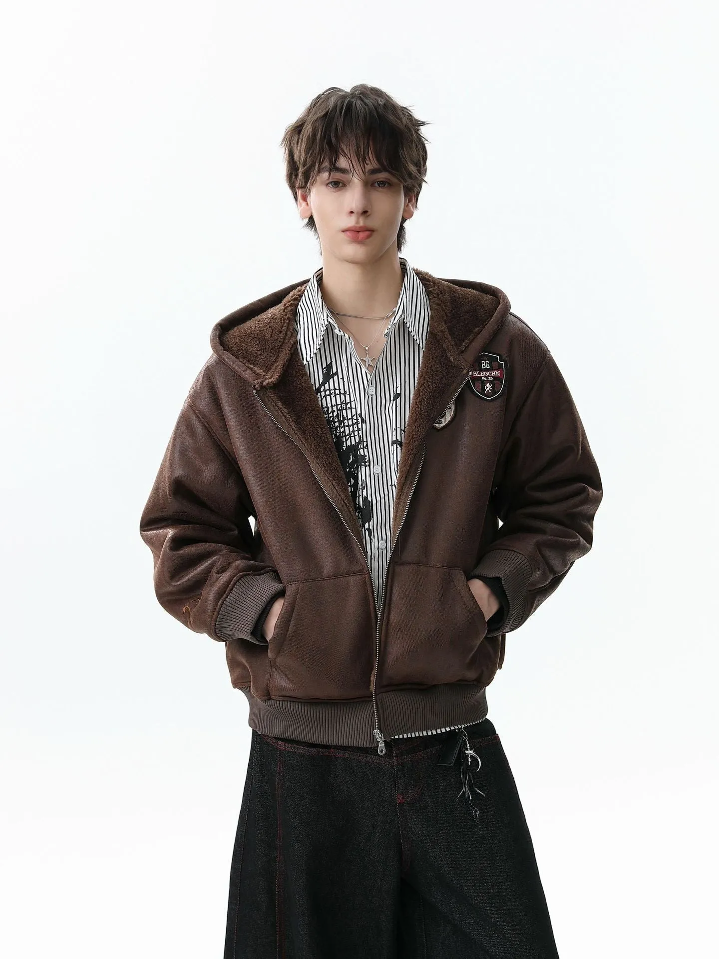 Vintage Leather Badge Fleece-lined Hooded Zip Bomber Jacket - 2547 sold by Thesupermade product image thumbnail 5