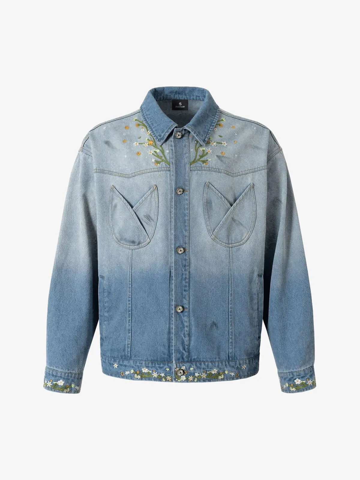 Denim Gradient-Dyed Floral Embroidered Jacket sold by Thesupermade