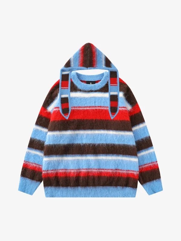 Detachable Hood Contrast Striped Mohair Pullover Sweater sold by Thesupermade
