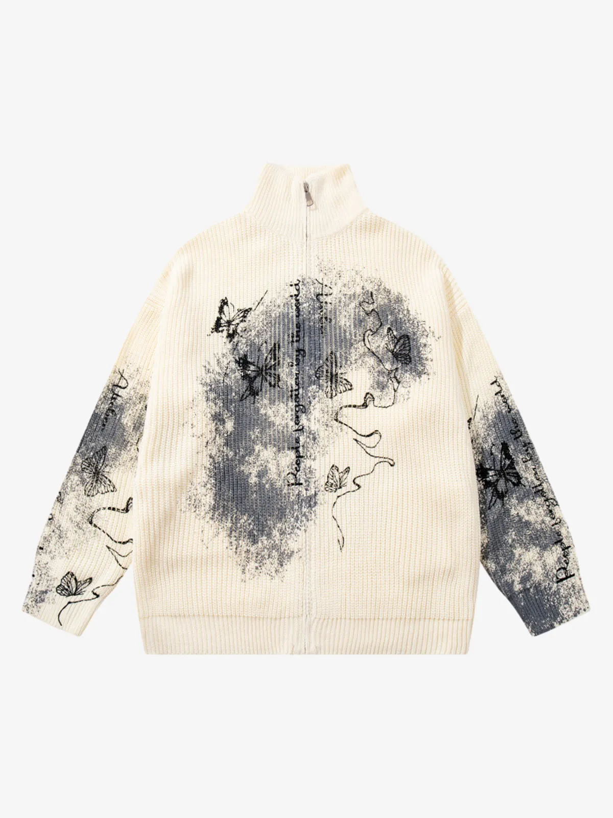 Ink-Splashed Butterfly Jacquard Zip Knit Sweater sold by Thesupermade