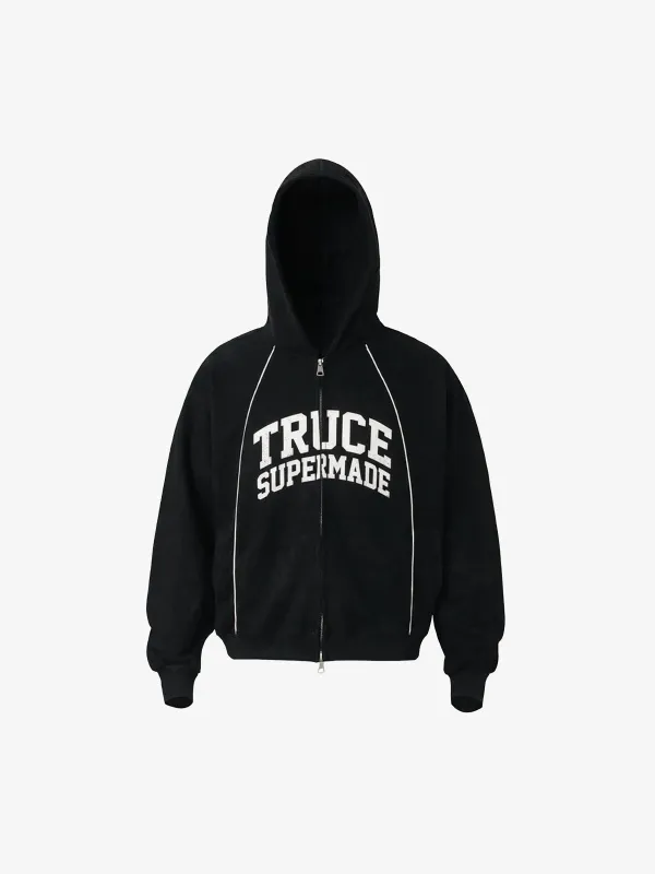 Retro Patchwork Hem Letter Print Suede Hooded Sweatshirt sold by Thesupermade