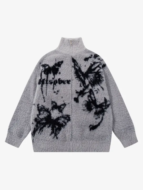 Ink Butterfly Jacquard High-Neck Zip Cardigan Sweater sold by Thesupermade
