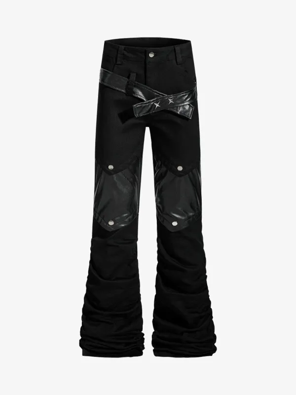 Vintage Heavy Pleated PU Leather Stitch Patchwork Flared Pants sold by Thesupermade