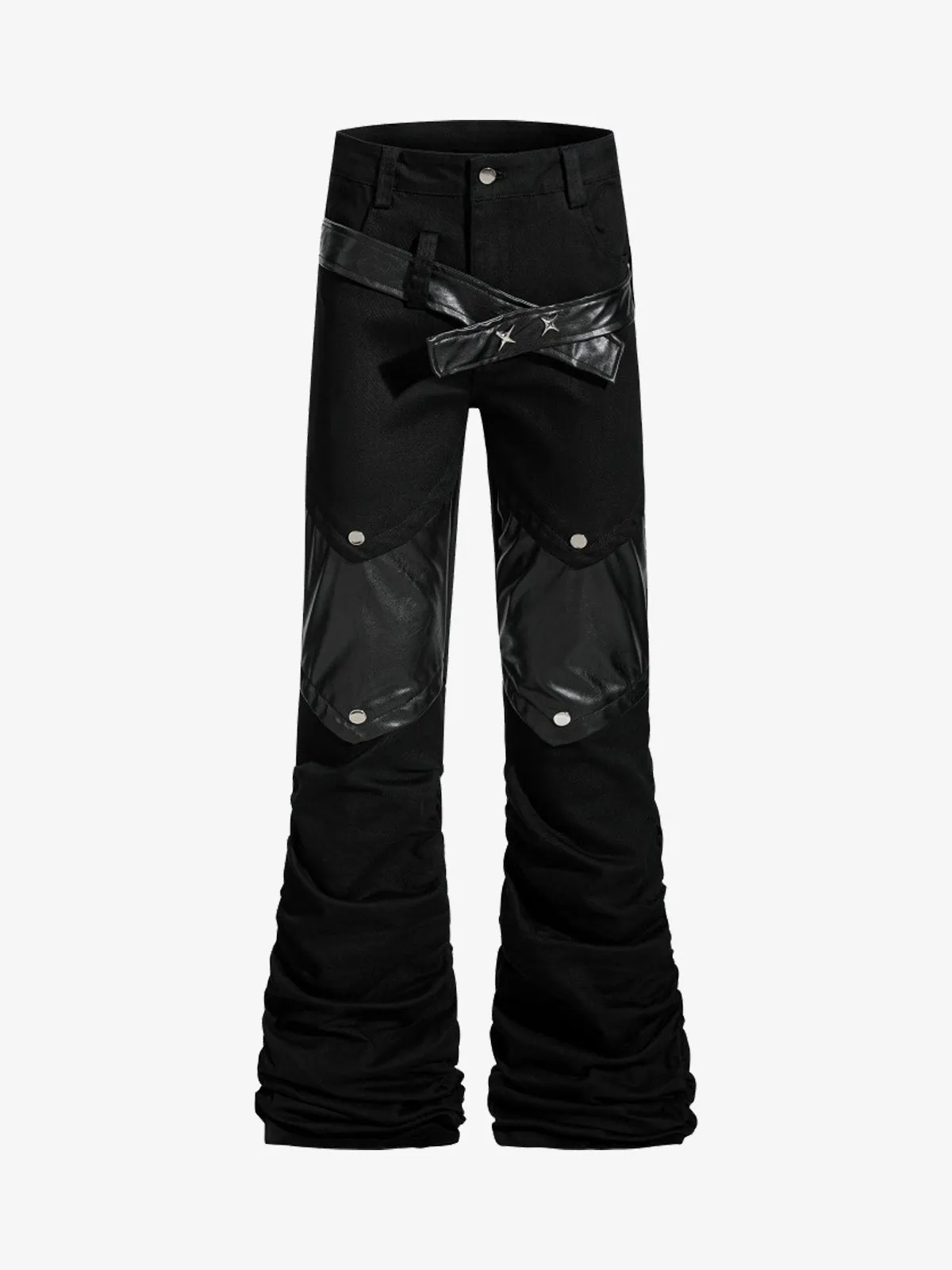 Vintage Heavy Pleated PU Leather Stitch Patchwork Flared Pants sold by Thesupermade