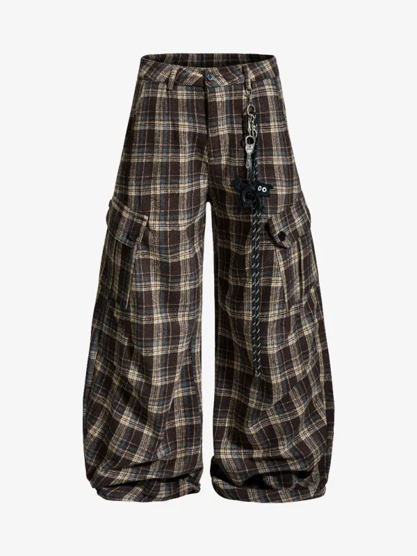Vintage Plaid Pleated Multi-Pocket Cargo Casual Pants - 2524 sold by Thesupermade