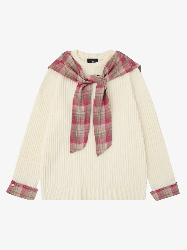 Plaid Scarf Patchwork Contrast Knit Sweater sold by Thesupermade
