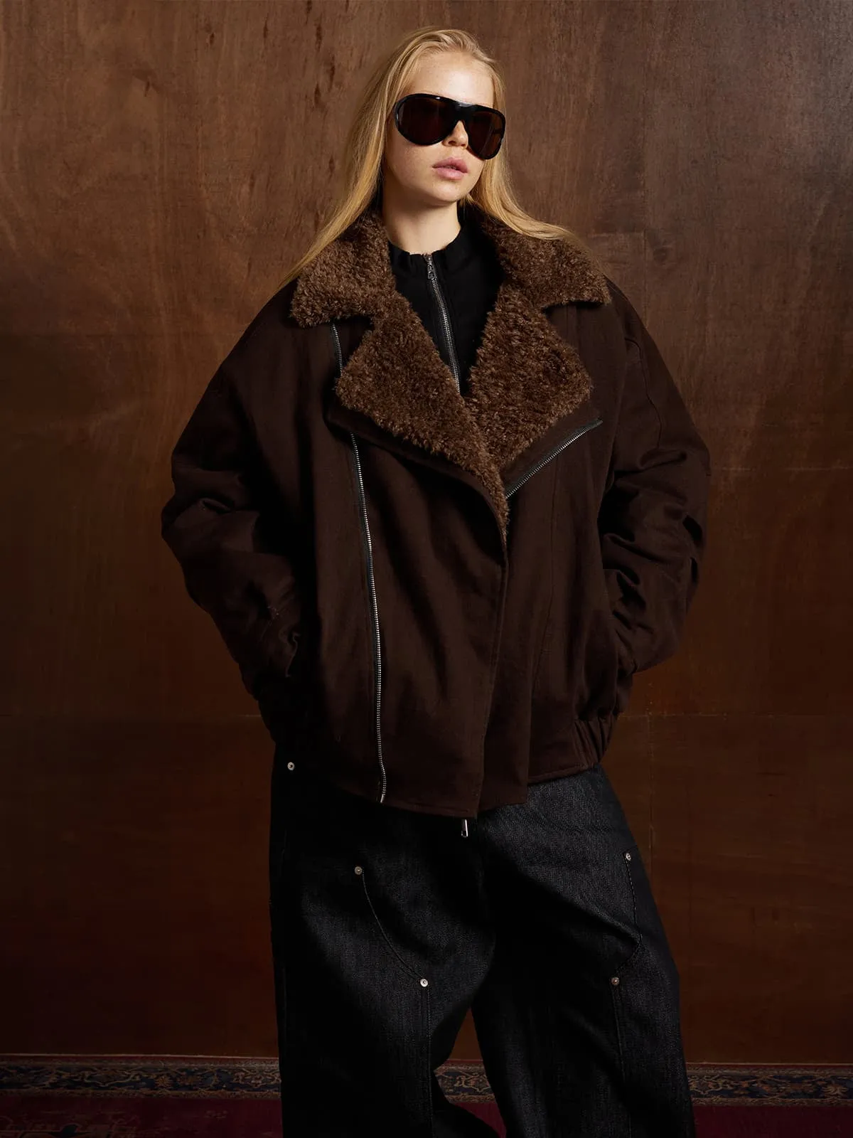 Street Punk Oblique Zipper Lambswool Collar Quilted Jacket sold by Thesupermade product image thumbnail 2