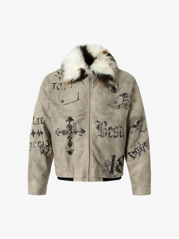 Gothic Letter Print Fur Collar Quilted Cotton Jacket - 2515 sold by Thesupermade