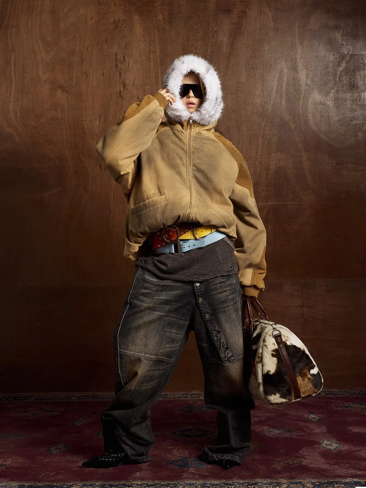 Street Vintage Fog-Dyed Fur Collar Patchwork Hooded Padded Jacket sold by Thesupermade product image thumbnail 2