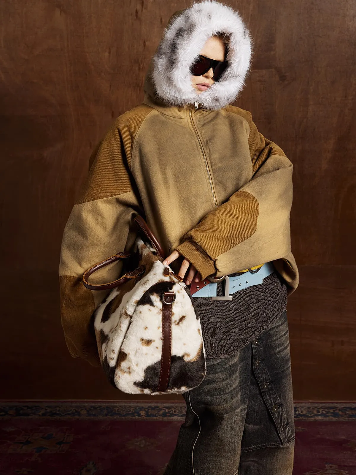 Street Vintage Fog-Dyed Fur Collar Patchwork Hooded Padded Jacket sold by Thesupermade product image thumbnail 3