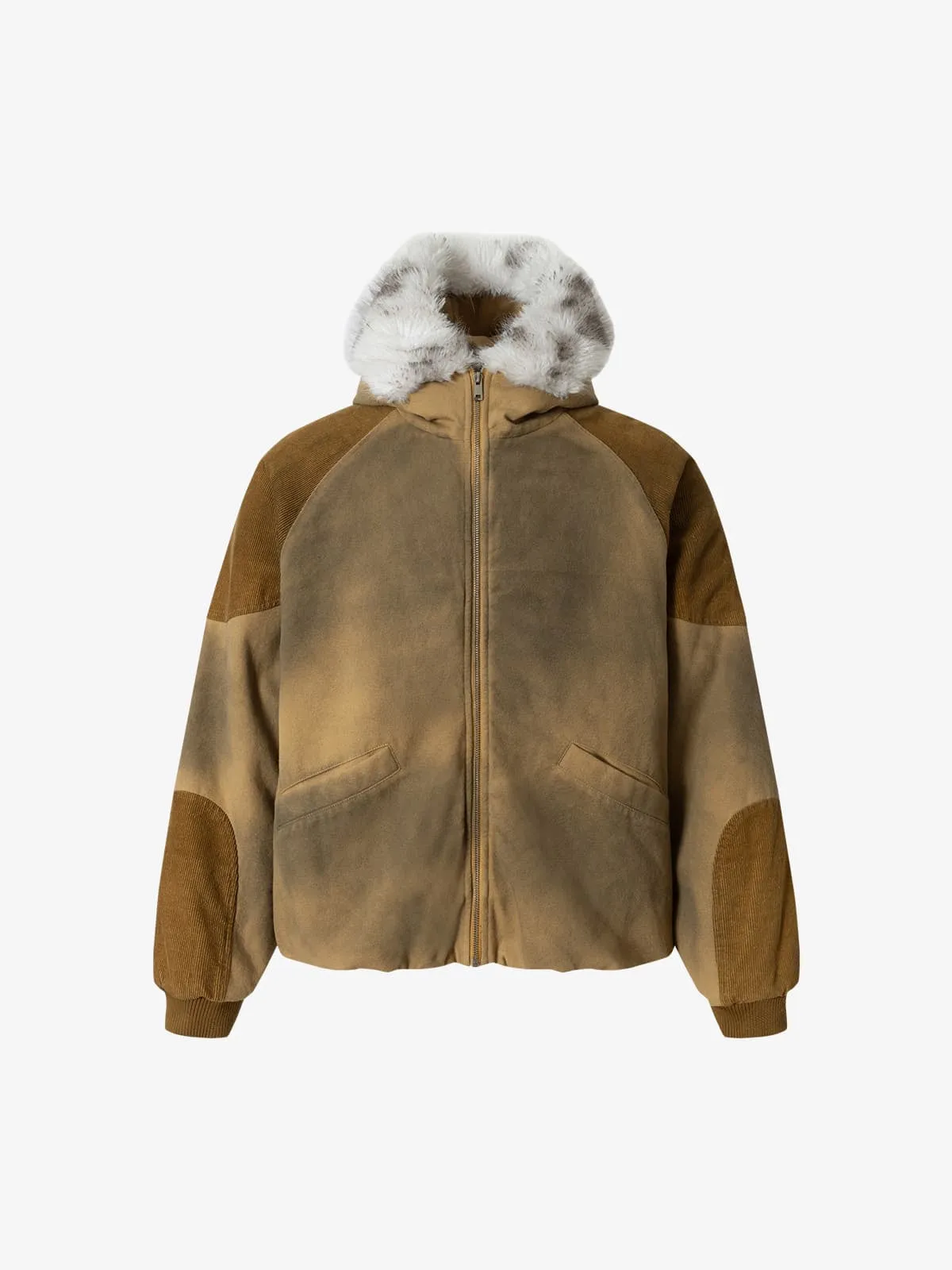 Street Vintage Fog-Dyed Fur Collar Patchwork Hooded Padded Jacket sold by Thesupermade