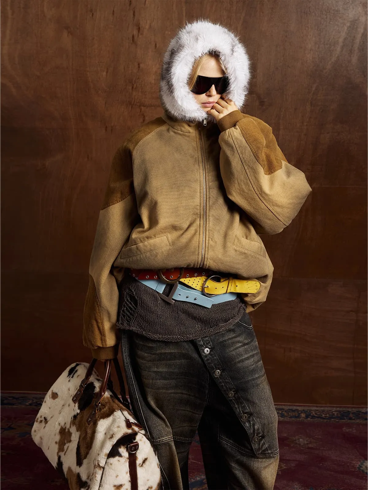 Street Vintage Fog-Dyed Fur Collar Patchwork Hooded Padded Jacket sold by Thesupermade product image thumbnail 4