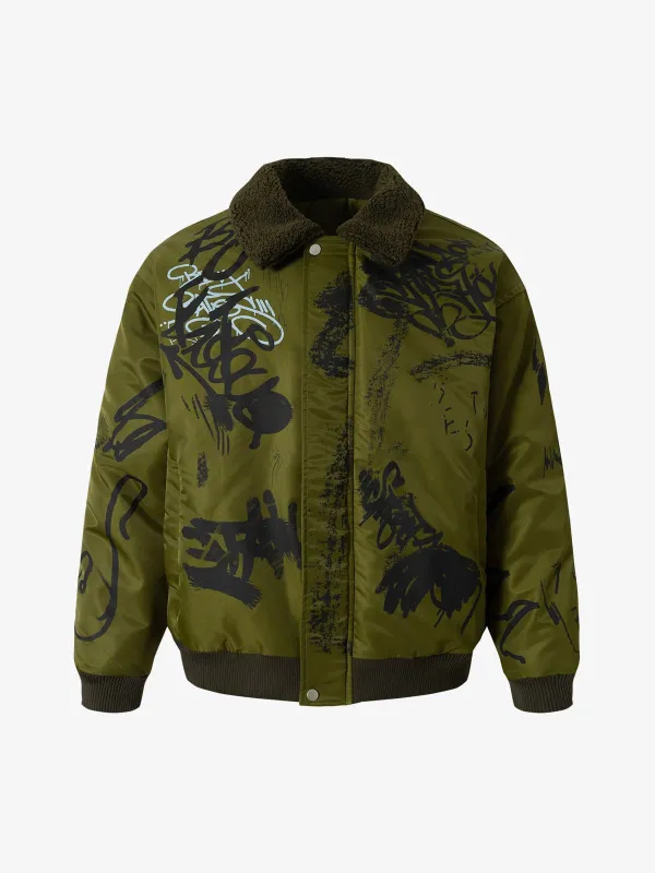 Street Graffiti Nylon Flight Cotton Jacket with Lamb Collar sold by Thesupermade