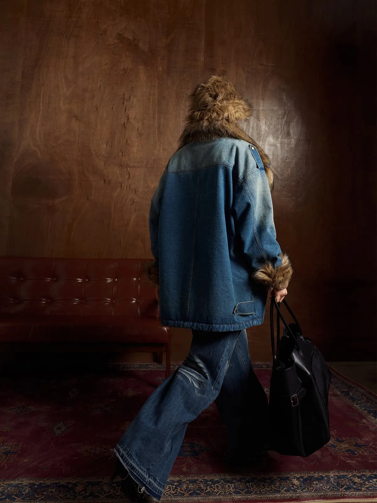 Street Retro Fur Patchwork Washed Denim Cotton Jacket sold by Thesupermade product image thumbnail 4