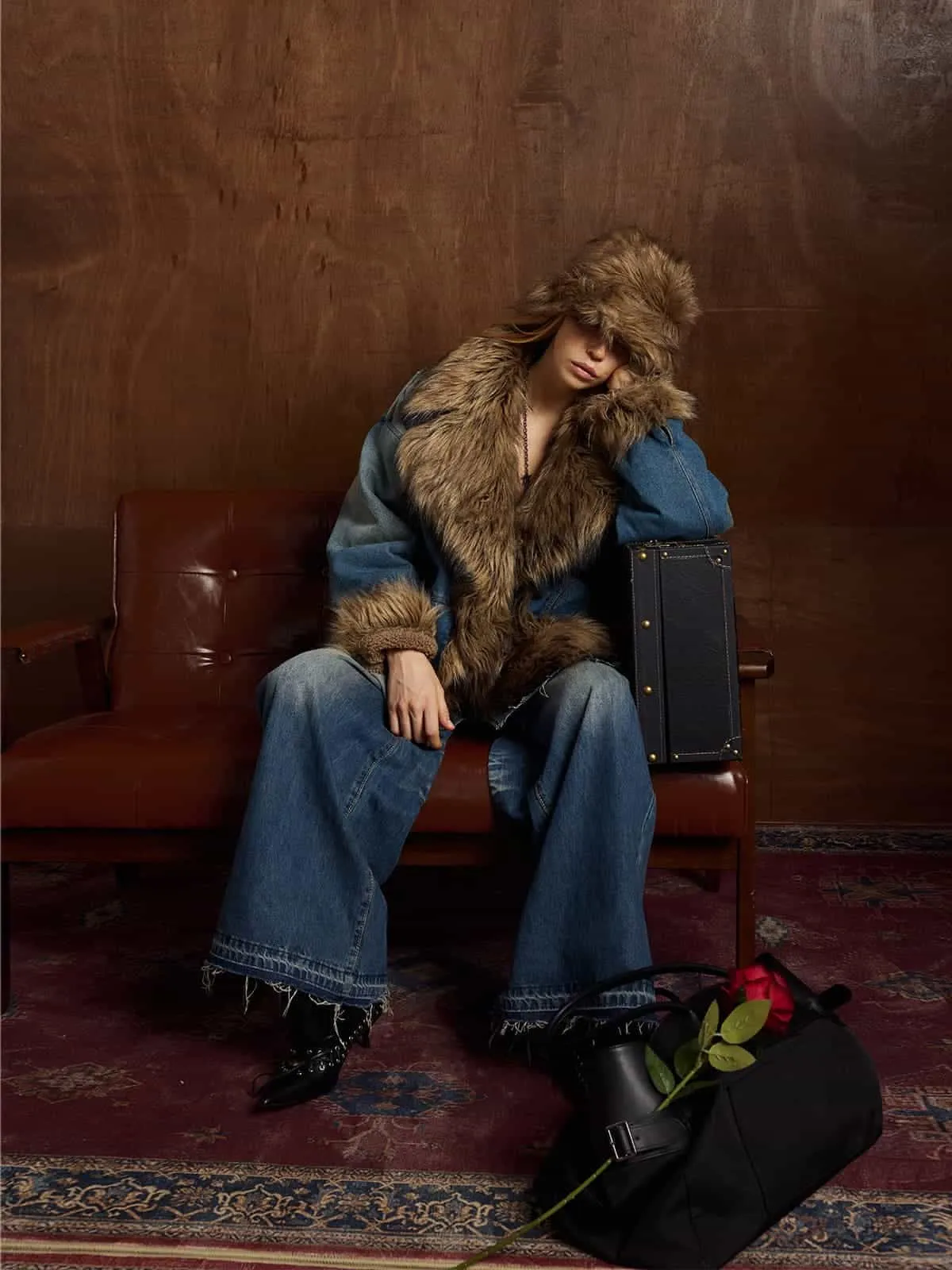 Street Retro Fur Patchwork Washed Denim Cotton Jacket sold by Thesupermade product image thumbnail 2