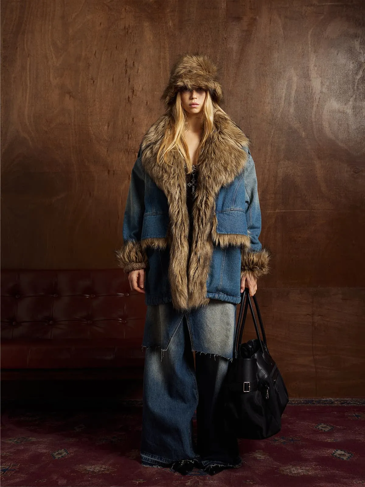 Street Retro Fur Patchwork Washed Denim Cotton Jacket sold by Thesupermade product image thumbnail 3