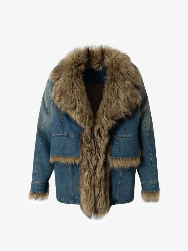 Street Retro Fur Patchwork Washed Denim Cotton Jacket sold by Thesupermade