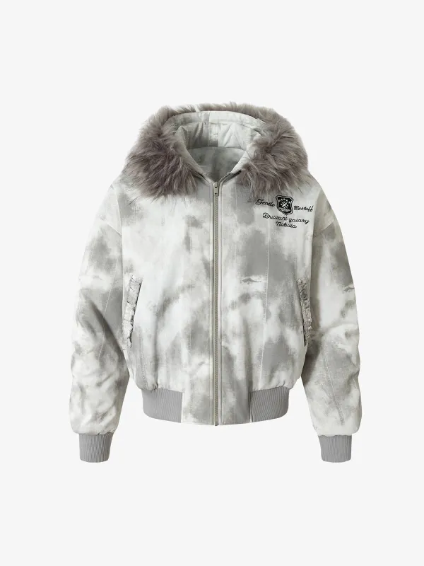 Vintage Tie-Dye Detachable Fur Collar Hooded Bomber Jacket sold by Thesupermade