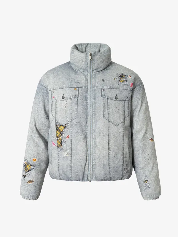 Street Illusion Denim Print Stand Collar Padded Cotton Jacket sold by Thesupermade