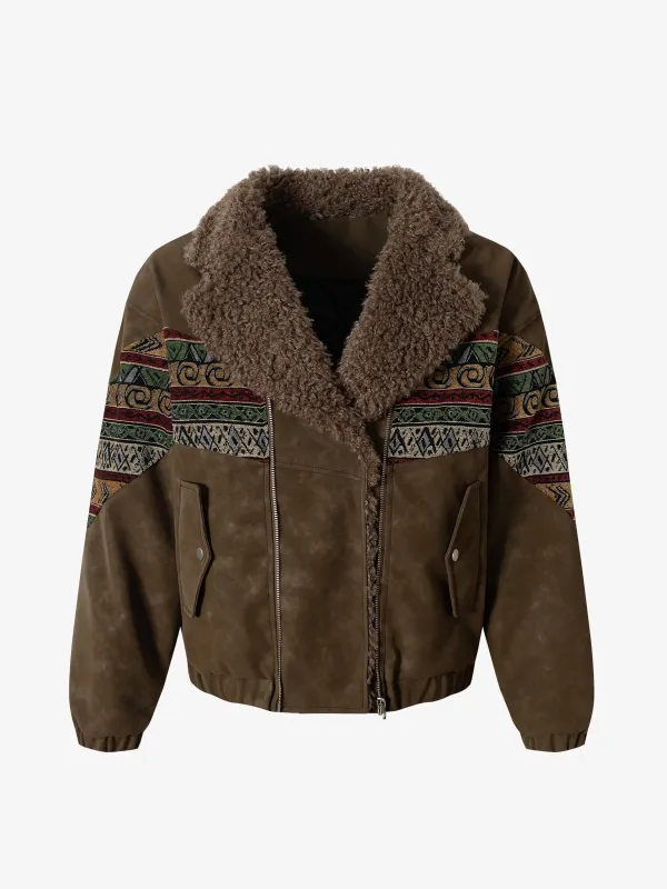 Vintage Leather and Sherpa Patchwork Webbing Cotton Jacket sold by Thesupermade