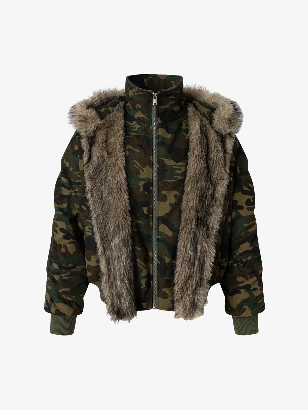 Vintage Camouflage Fur Collar Quilted Hooded Bomber Jacket sold by Thesupermade