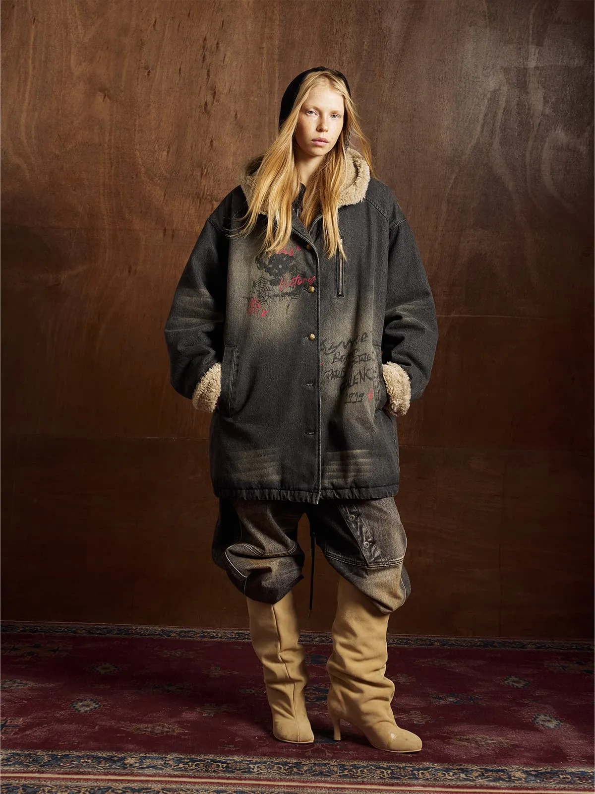 Distressed Graffiti Washed Long Lamb Fleece Denim Cotton Jacket sold by Thesupermade product image thumbnail 3