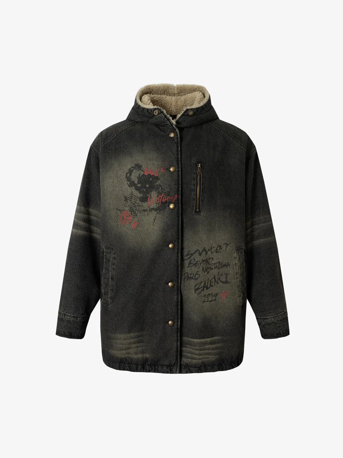 Distressed Graffiti Washed Long Lamb Fleece Denim Cotton Jacket sold by Thesupermade
