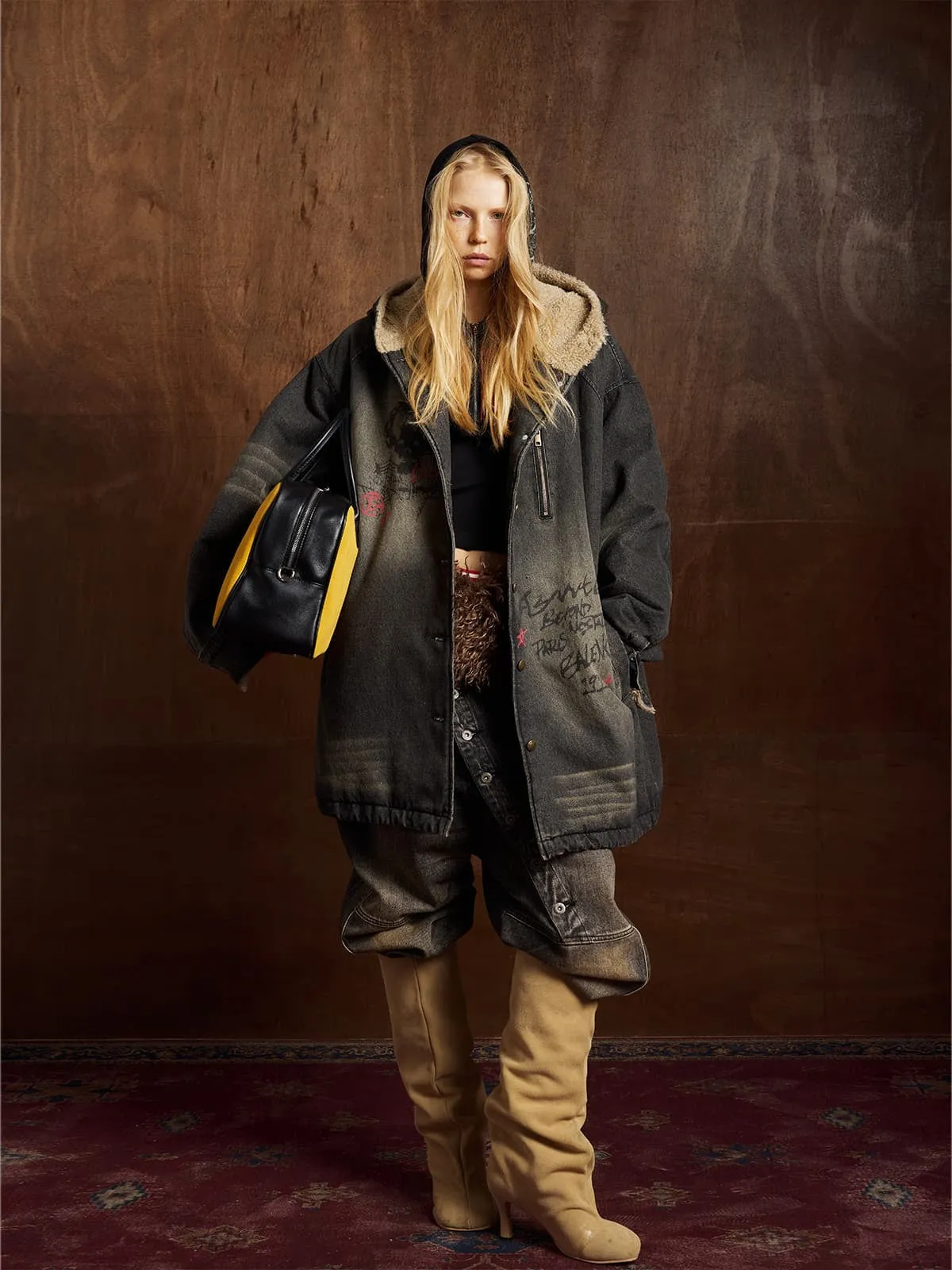 Distressed Graffiti Washed Long Lamb Fleece Denim Cotton Jacket sold by Thesupermade product image thumbnail 4