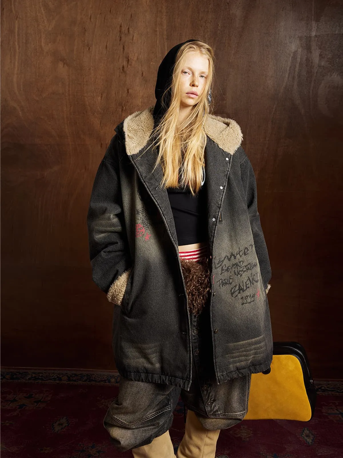 Distressed Graffiti Washed Long Lamb Fleece Denim Cotton Jacket sold by Thesupermade product image thumbnail 5