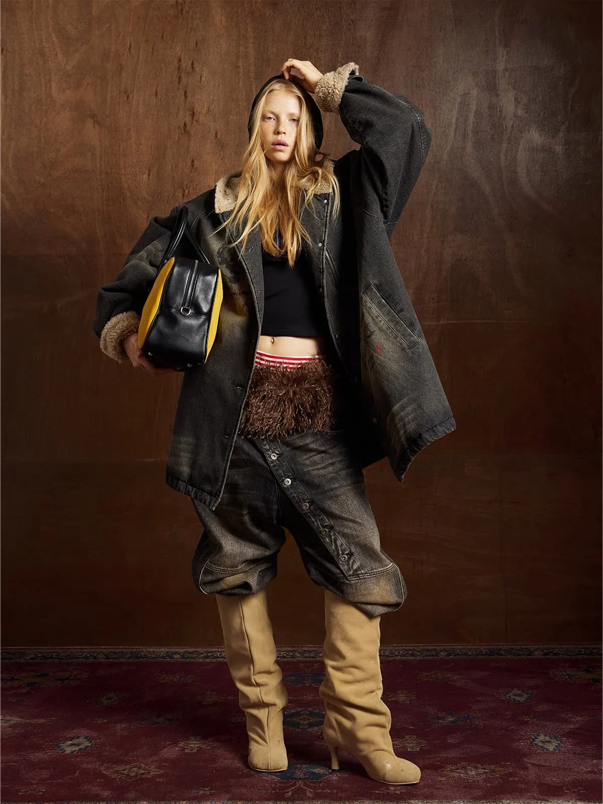 Distressed Graffiti Washed Long Lamb Fleece Denim Cotton Jacket sold by Thesupermade product image thumbnail 2