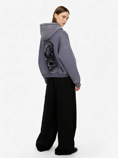 Streetwear Washed Distressed Double Zipper Sketch Skull Clock Graphic Hoodie sold by Thesupermade product image thumbnail 3