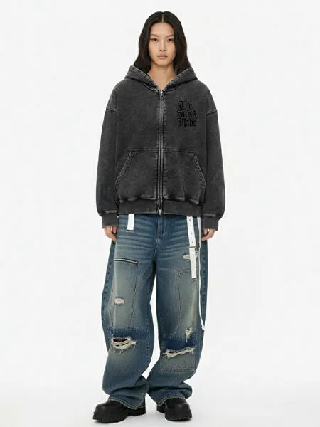 Retro Gray Hand-Painted Skull Clock Graphic Washed Zip-Up Hooded Sweatshirt sold by Thesupermade product image thumbnail 2