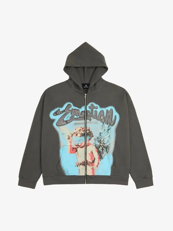 Vintage Blindfolded Angel Rhinestone Zip-Up Hoodie sold by Thesupermade