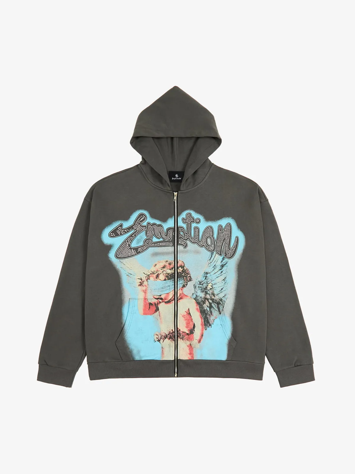 Vintage Blindfolded Angel Rhinestone Zip-Up Hoodie sold by Thesupermade