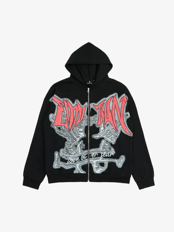 Retro Gothic Print Rhinestone Zip-Up Hoodie sold by Thesupermade
