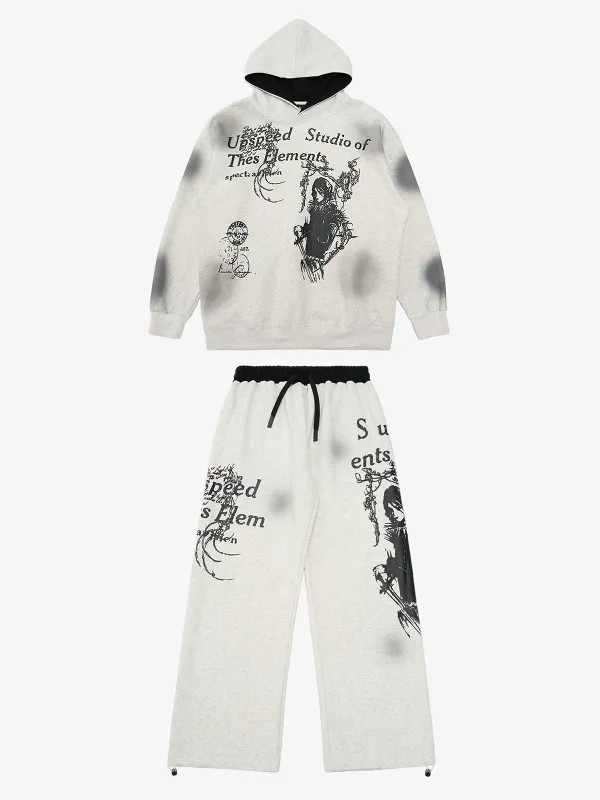 Supermade × Mortemartt Retro Gothic Print Hoodie and Sweatpants Set sold by Thesupermade