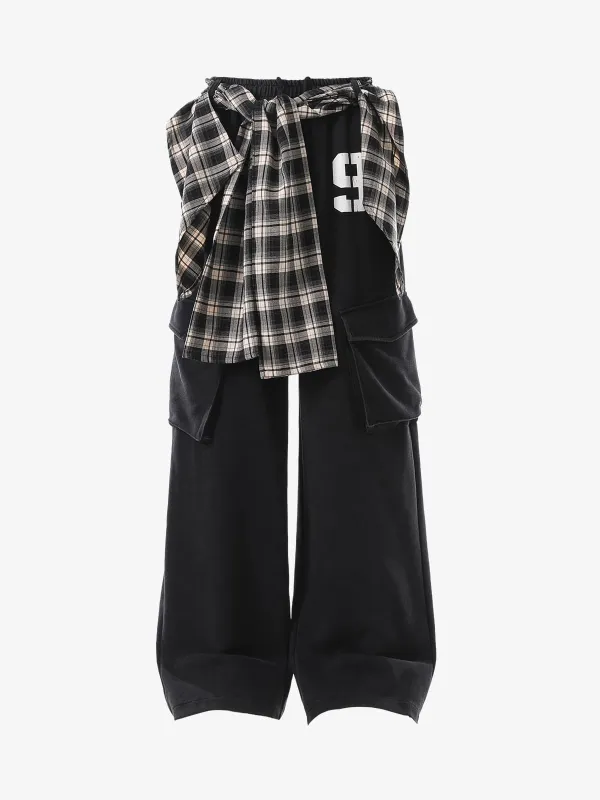 Retro Plaid Patchwork Tie-Belt Wide-Leg Barrel Pants sold by Thesupermade