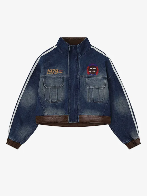 Retro Badge Embroidered Cropped Denim Jacket sold by Thesupermade