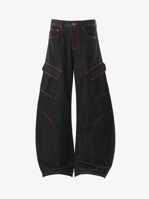 Retro Red Contrast Stitching Pocket Barrel Jeans sold by Thesupermade