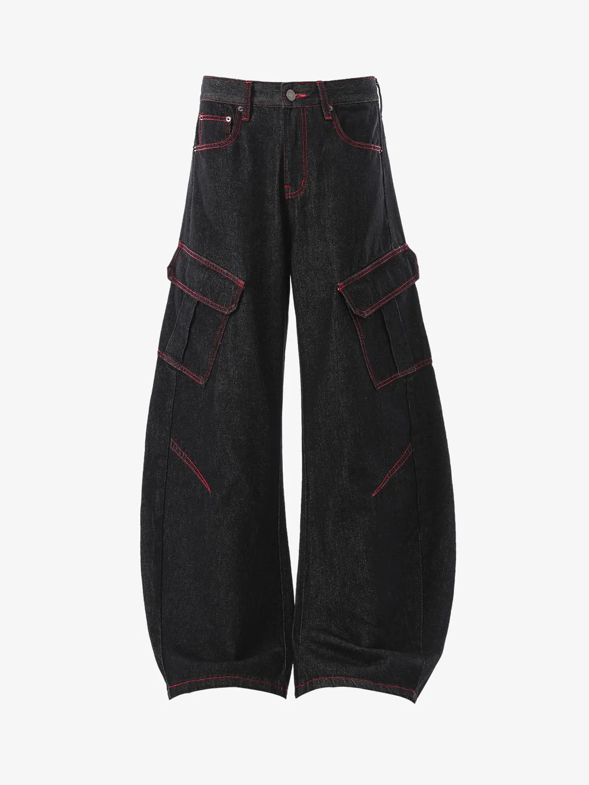 Retro Red Contrast Stitching Pocket Barrel Jeans sold by Thesupermade