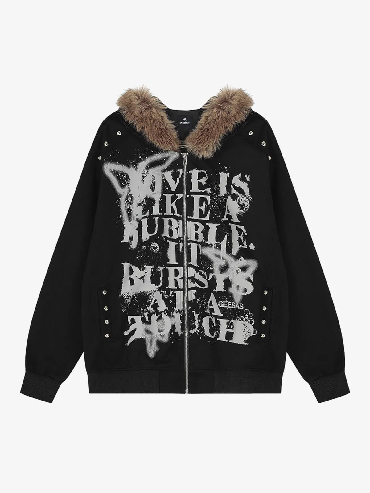 Street Punk Letter Print Fur Collar Zip Up Hoodie sold by Thesupermade product image thumbnail 2