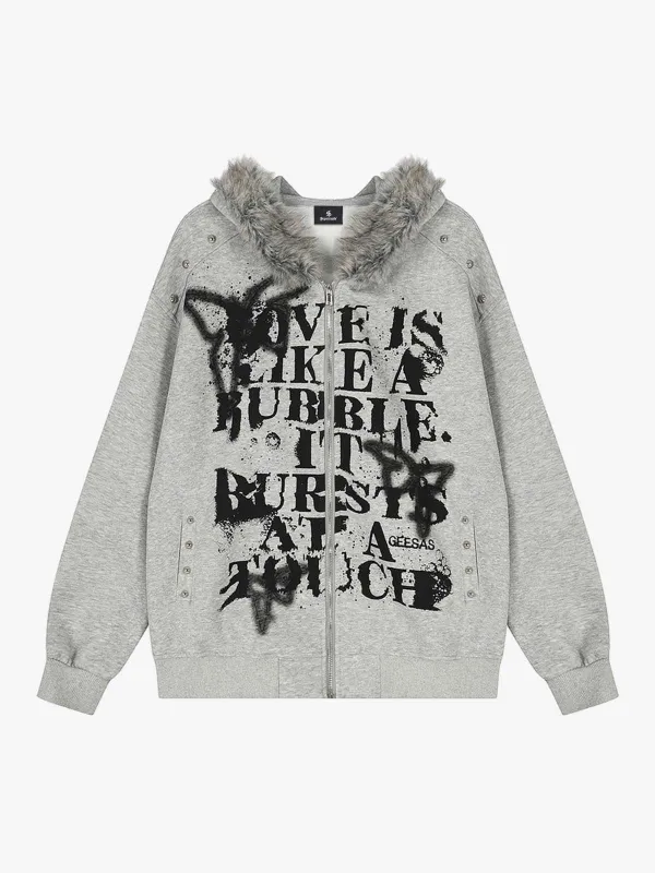 Street Punk Letter Print Fur Collar Zip Up Hoodie sold by Thesupermade