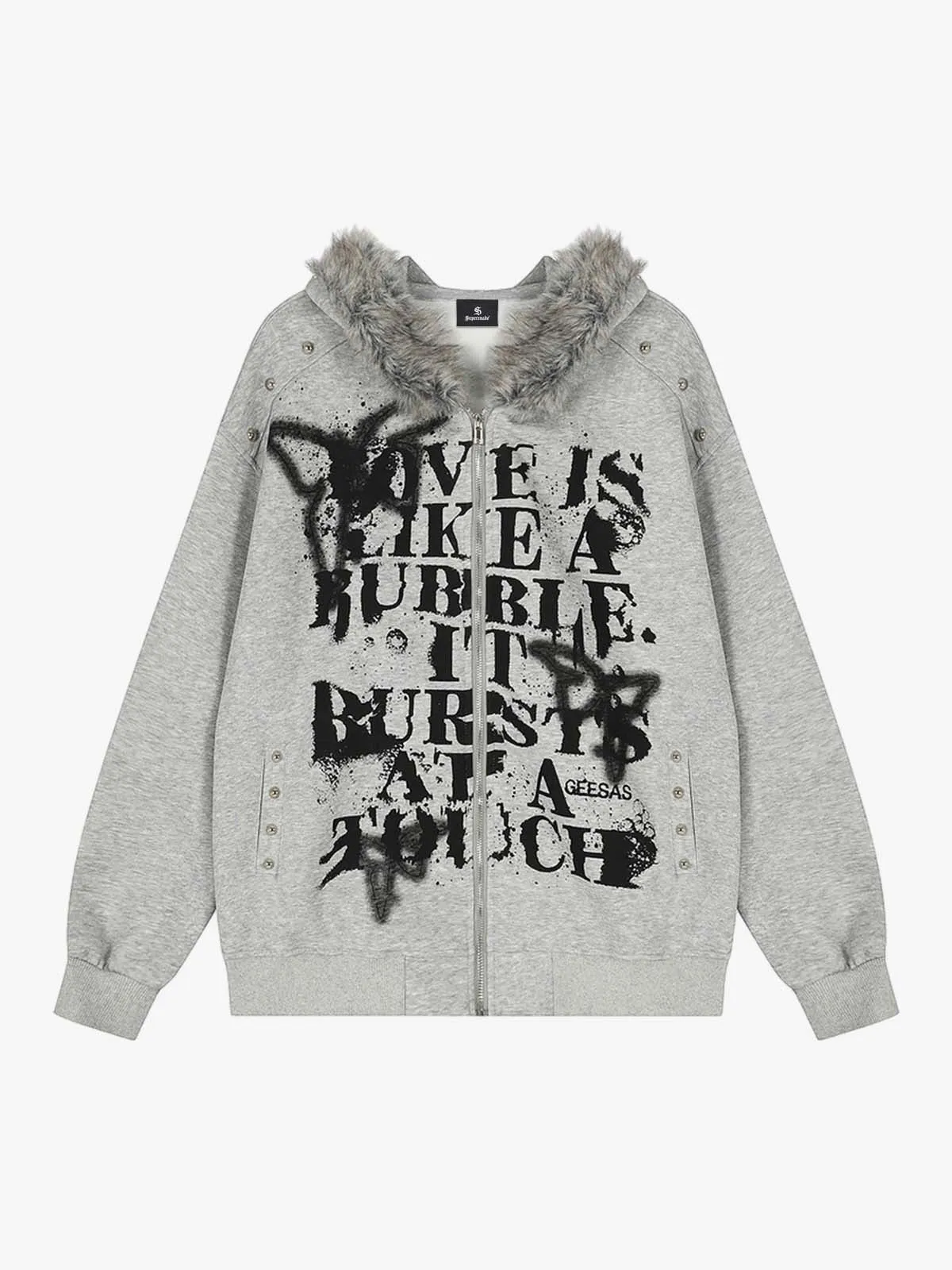 Street Punk Letter Print Fur Collar Zip Up Hoodie sold by Thesupermade