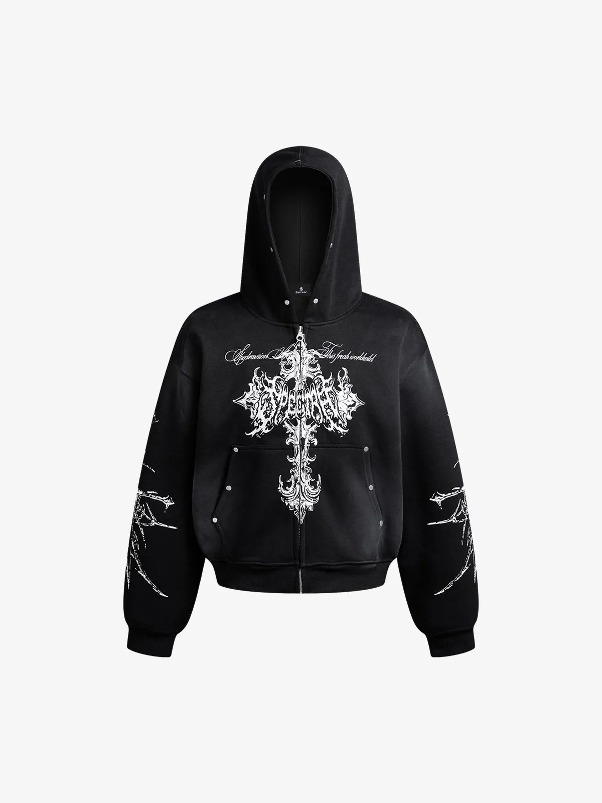 Street Wasteland Washed Cross Print Zip Up Hoodie - 2561 sold by Thesupermade product image thumbnail 2