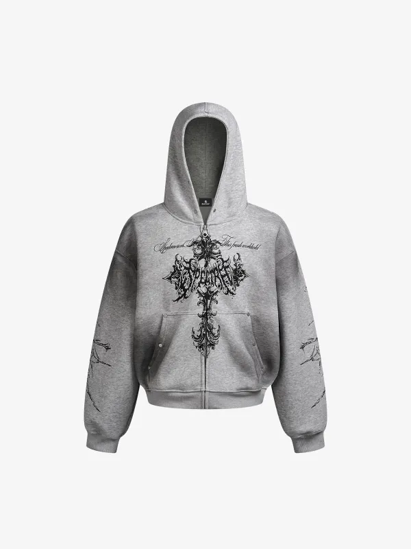 Street Wasteland Washed Cross Print Zip Up Hoodie - 2561 sold by Thesupermade