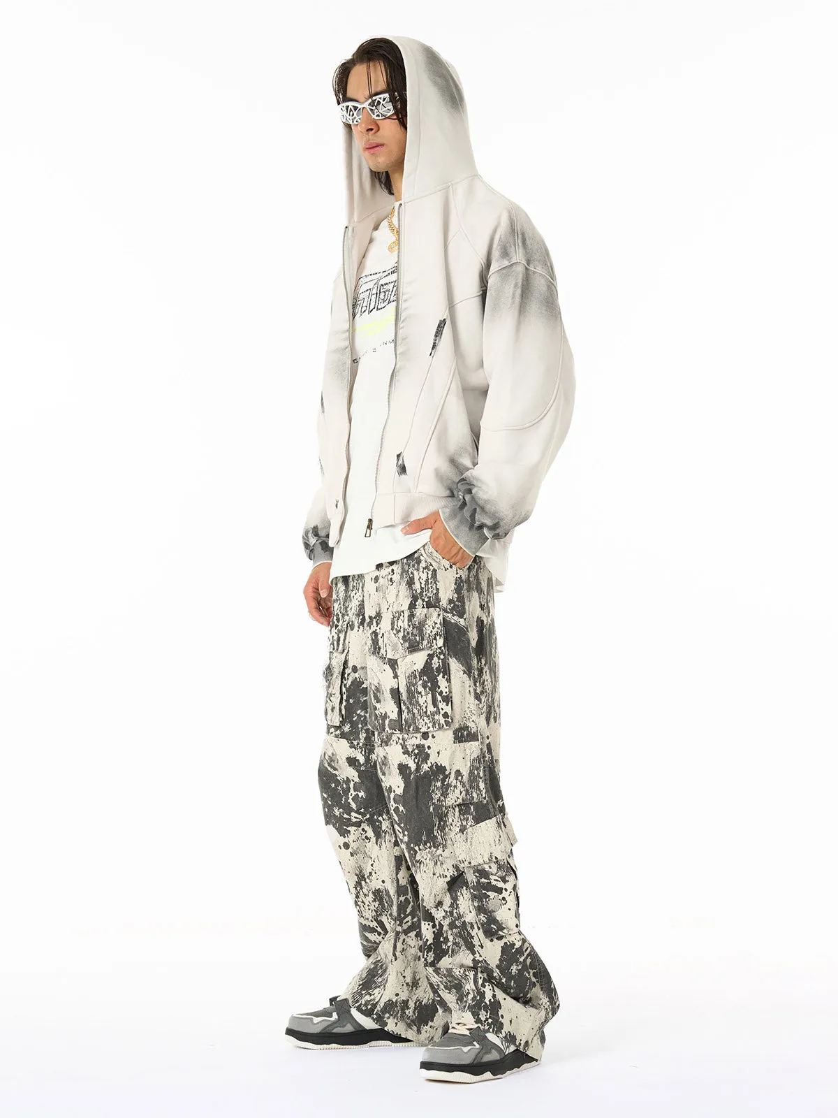 Hip Hop Distressed Dirty Spray Wash Zip Up Hoodie- 2509 sold by Thesupermade product image thumbnail 5