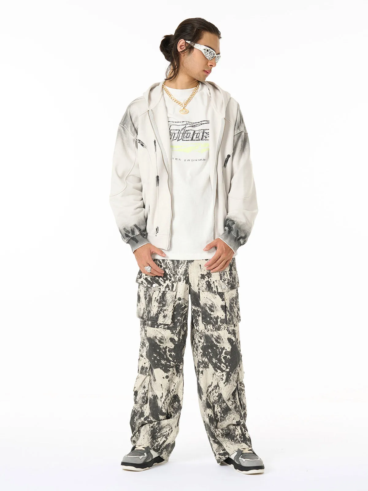Hip Hop Distressed Dirty Spray Wash Zip Up Hoodie- 2509 sold by Thesupermade product image thumbnail 4