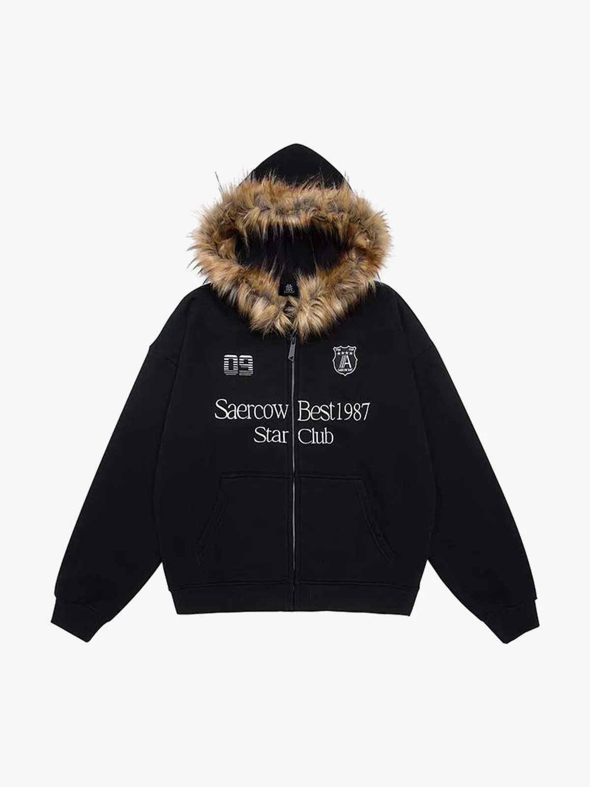 Letter Medal Embroidered Cardigan Fur Collar Zip Up Hoodie- 2502 sold by Thesupermade product image thumbnail 2